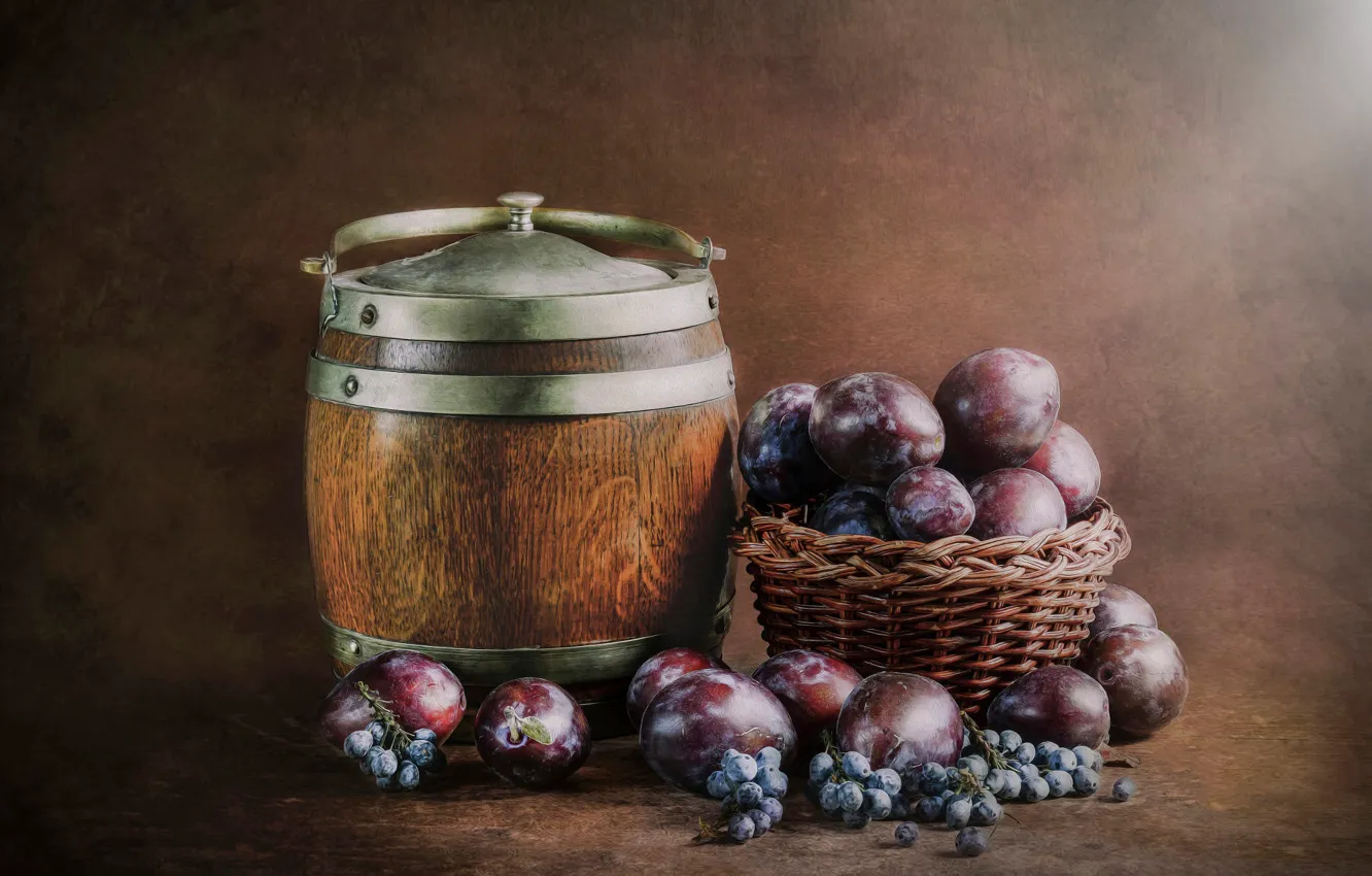 Photo wallpaper background, grapes, wooden, fruit, still life, placer, brown, plum