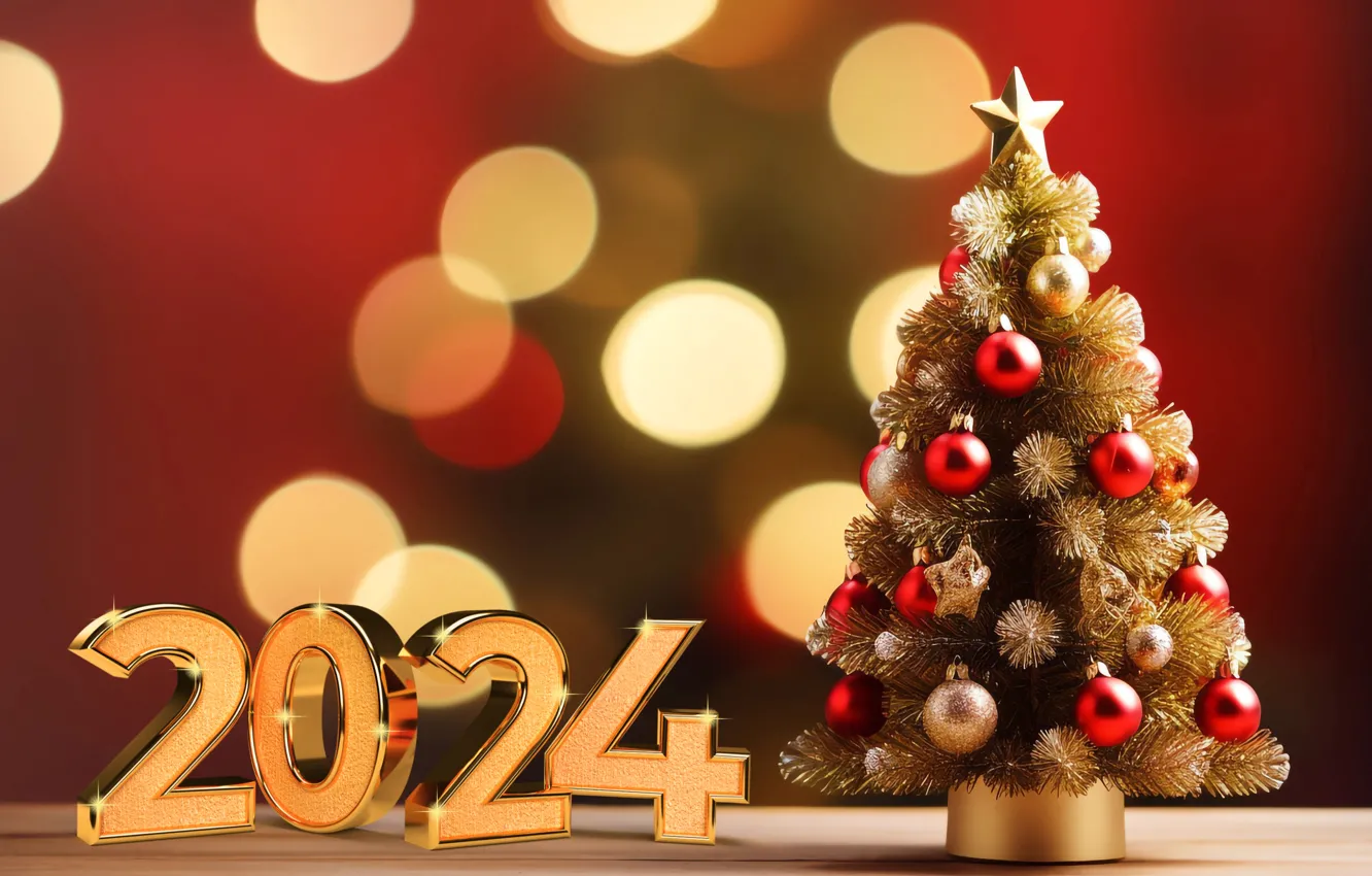 Photo wallpaper decoration, background, gold, balls, tree, New Year, figures, golden
