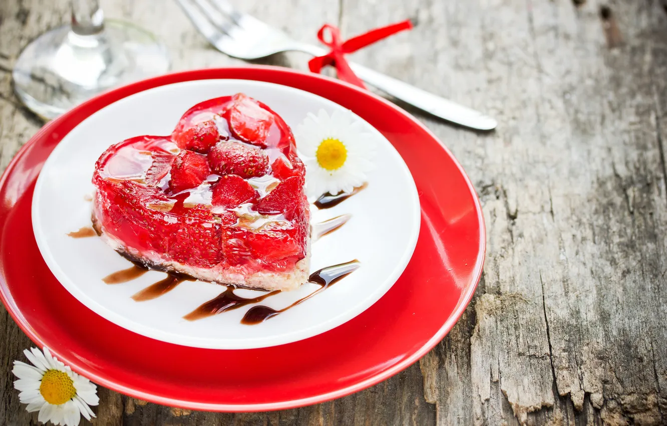 Photo wallpaper heart, chamomile, strawberry, plate, cake, cake, dessert, cakes