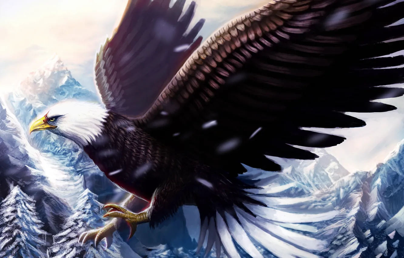 Photo wallpaper cold, winter, snow, flight, mountains, bird, eagle, wings
