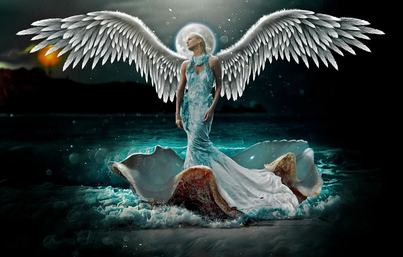 Photo wallpaper sea, angel, girl art