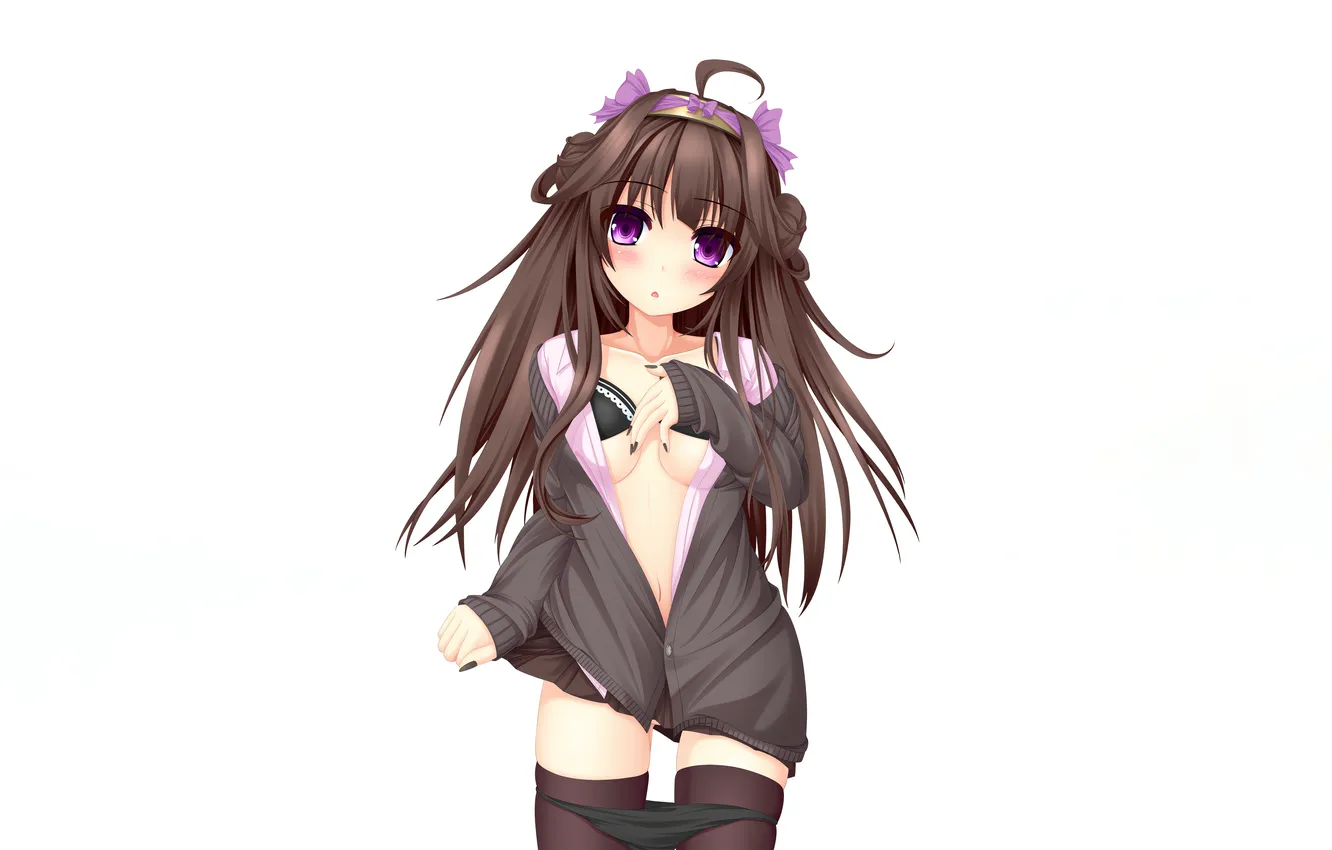 Photo wallpaper girl, sexy, lingerie, bra, cleavage, panties, thighhighs, long hair