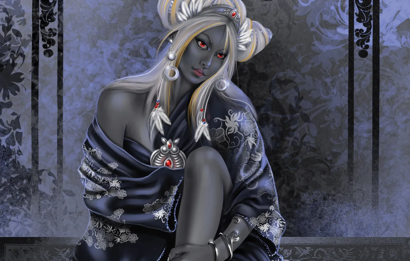 Photo wallpaper decoration, art, elf, Bathrobe, drow, sitting, black