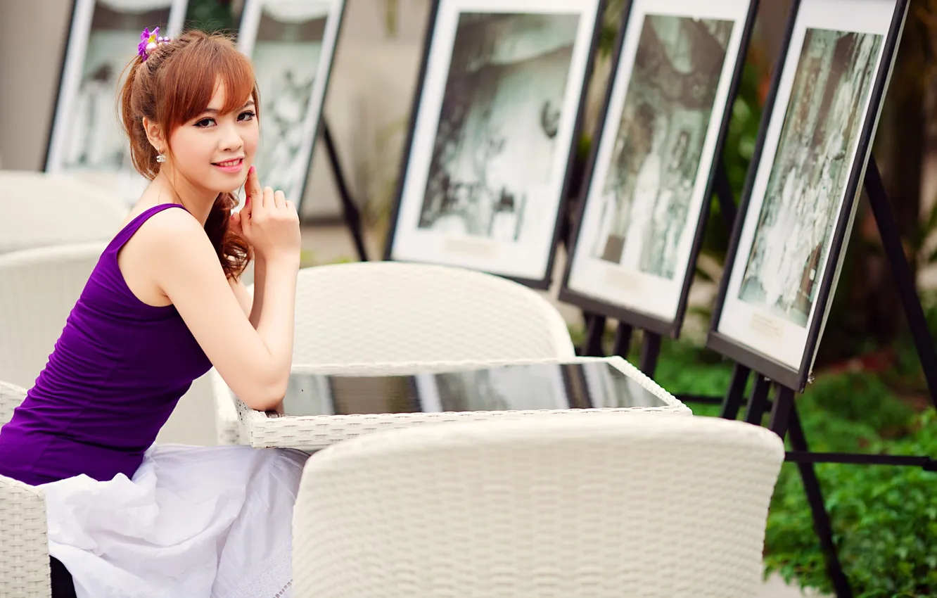 Photo wallpaper look, girl, smile, picture, Asian, sitting, table