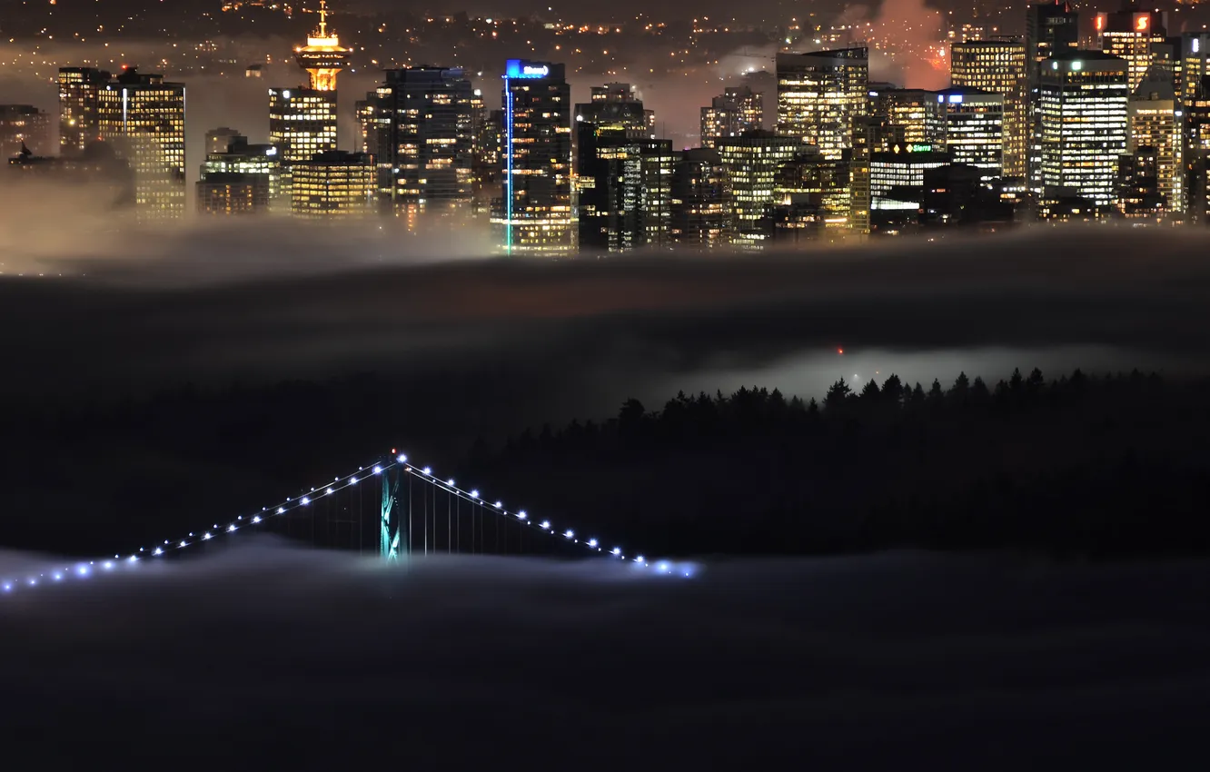 Photo wallpaper bridge, lights, fog, home, Canada, British Columbia, West Vancouver