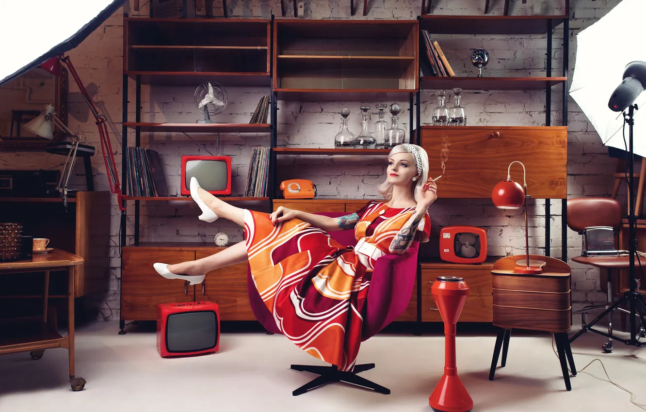 Photo wallpaper girl, pose, retro, room, smoke, furniture, interior, dress