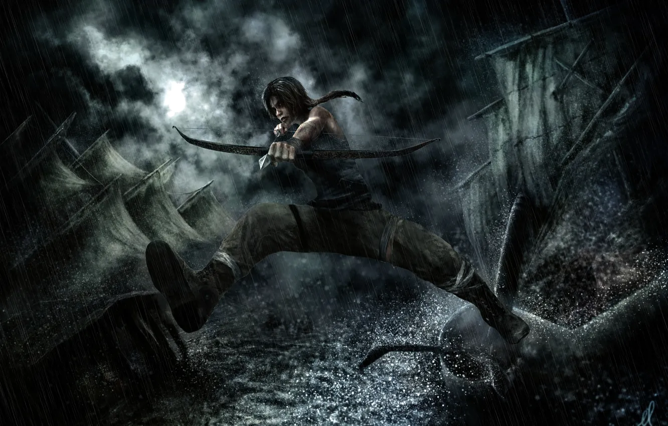 Photo wallpaper girl, rain, art, Tomb Raider, Lara Croft, Lara Croft