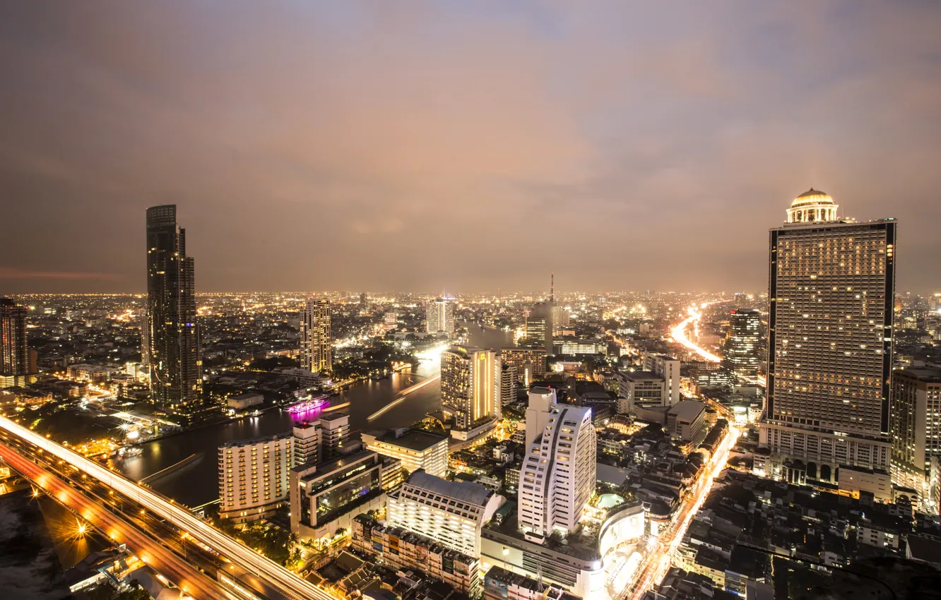 Photo wallpaper night, bridge, lights, skyscrapers, top, panorama, Thailand, Bangkok
