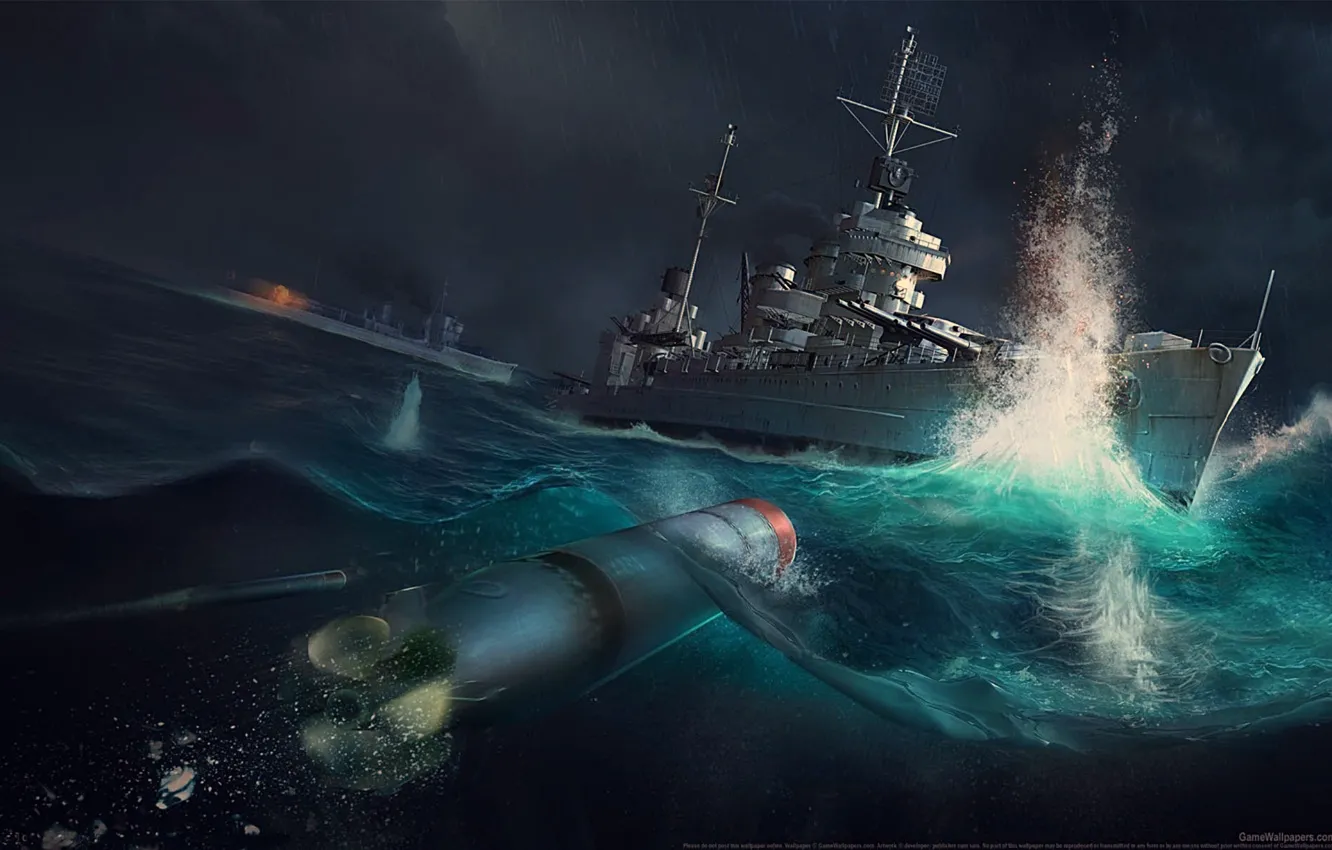 Photo wallpaper sea, ships, battle, torpedoes