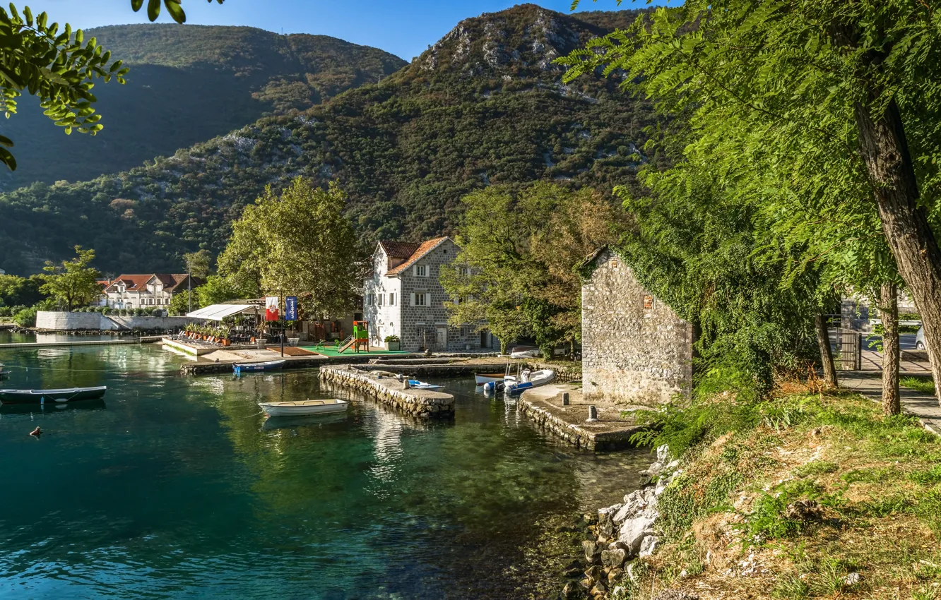 Photo wallpaper summer, mountains, lake, coast, cottage, Montenegro
