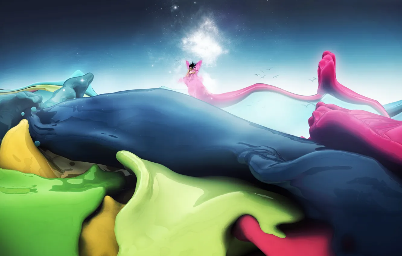 Photo wallpaper wave, the sky, stars, bird, paint, people, color, wings