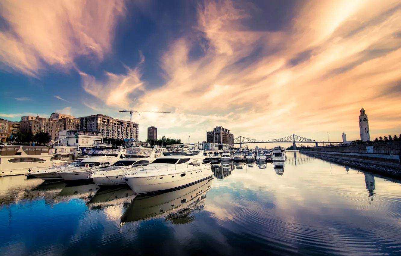 Photo wallpaper the sky, bridge, the city, river, building, home, yachts, boats