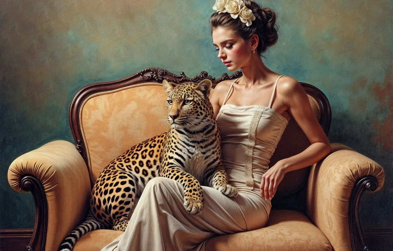 Photo wallpaper girl, pose, leopard, AI art, neural network