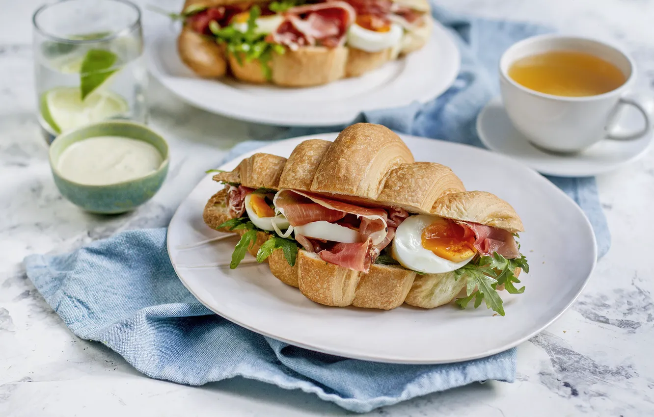 Photo wallpaper tea, eggs, sauce, croissant
