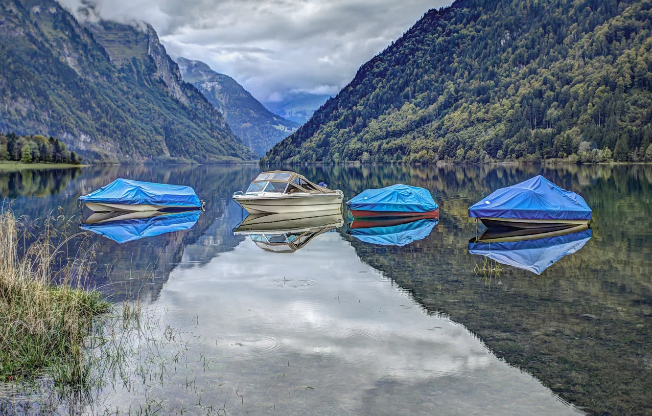 Photo wallpaper forest, clouds, mountains, lake, shore, boats, tarpaulin