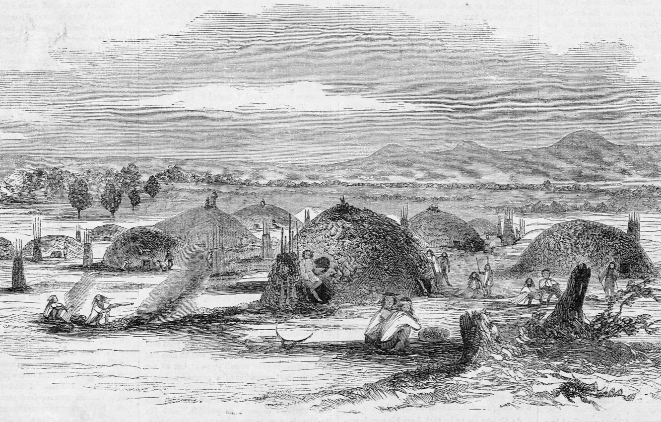 Photo wallpaper black and white, California. Illustration from Gleason's Pictorial, Native American 'rancheria' in Yuba City, 1852., …