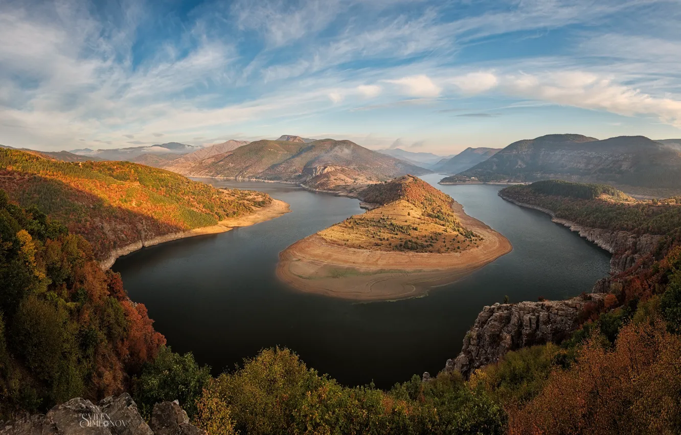 Photo wallpaper beach, river, coast, mountains, sand, stones, plateaus