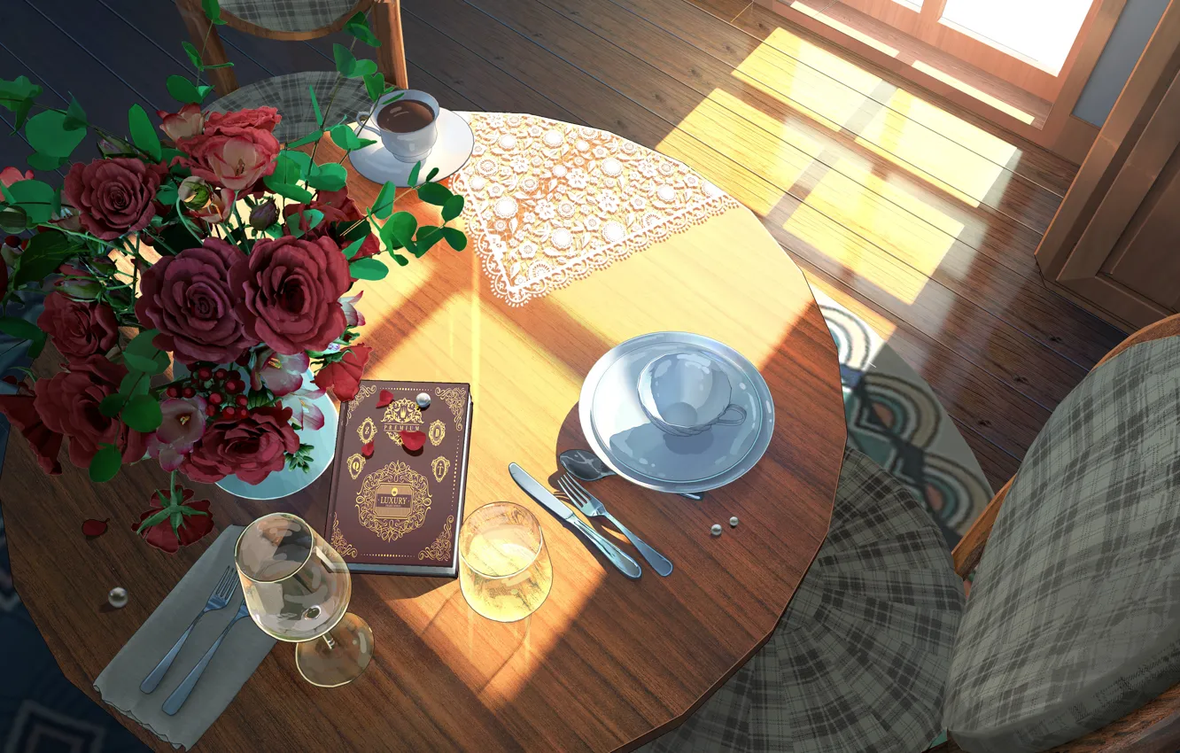 Photo wallpaper table, roses, book, servirovka