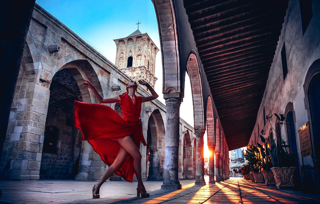 Photo wallpaper girl, mood, axe, dance, dress, Church, architecture, red dress