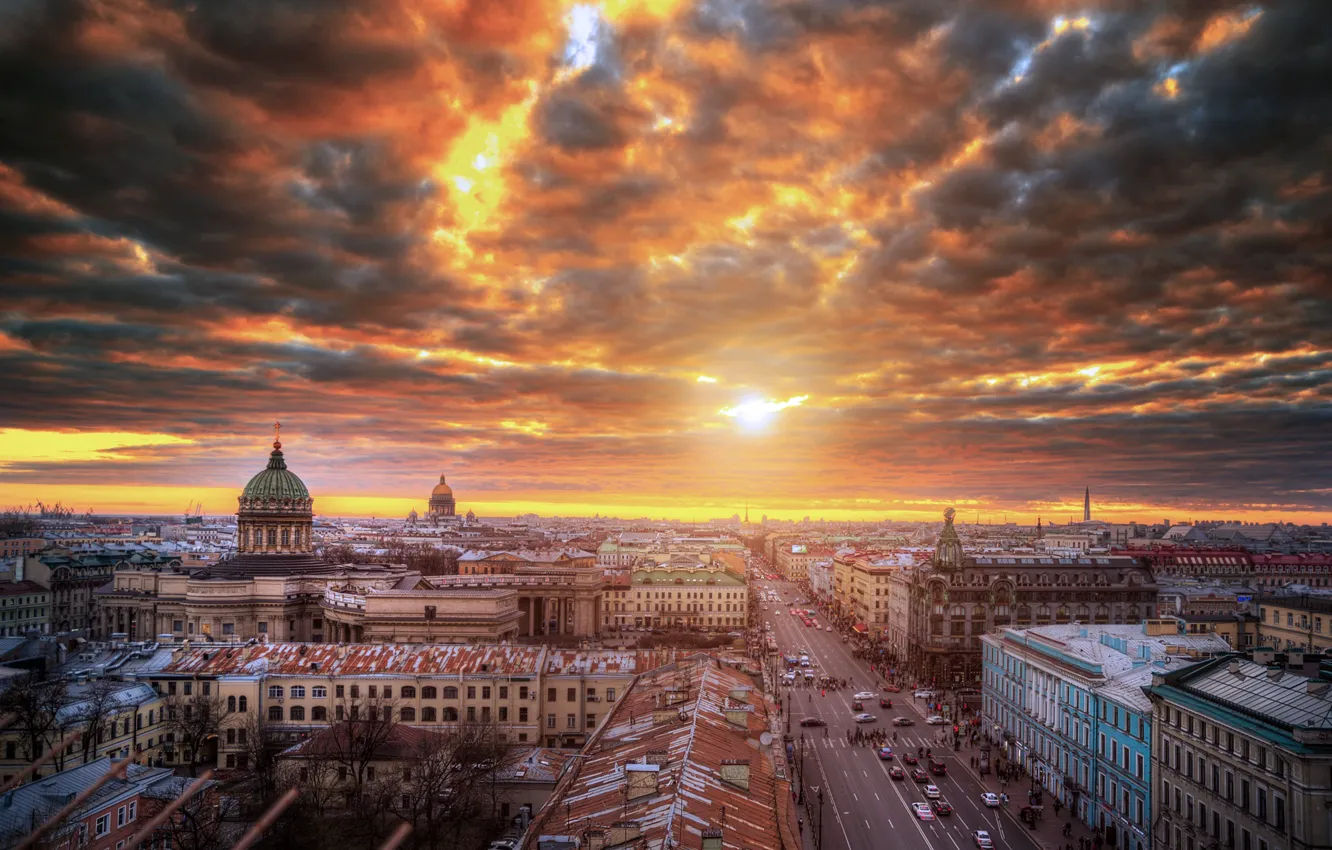 Photo wallpaper road, the sky, clouds, street, view, building, Saint Petersburg, Church