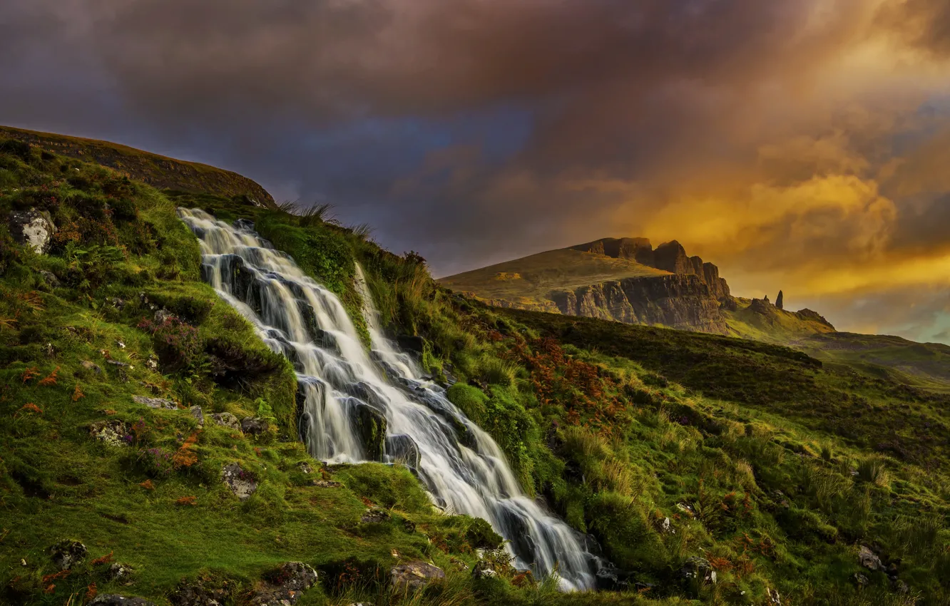 Photo wallpaper clouds, landscape, mountains, nature, waterfall, morning, Scotland