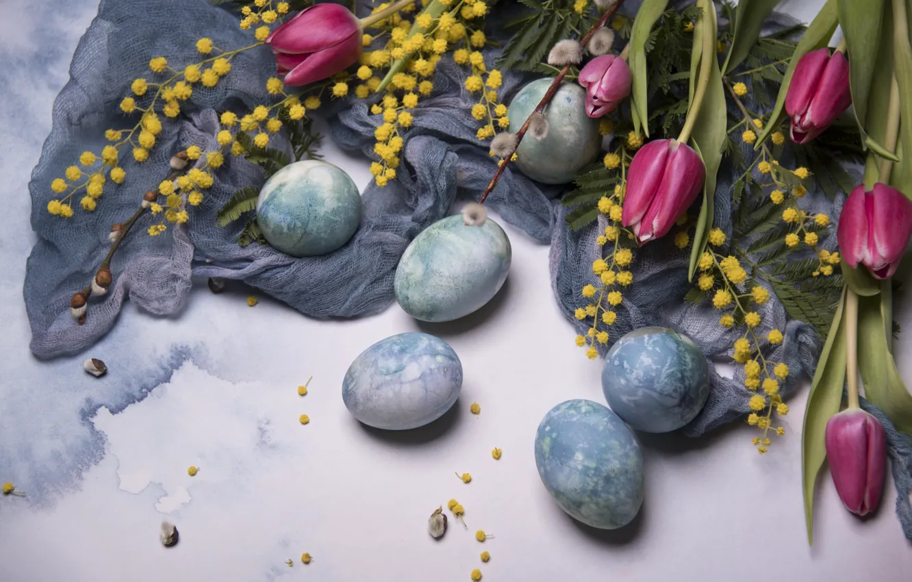 Photo wallpaper flowers, eggs, spring, Easter, tulips, flowers, tulips, spring