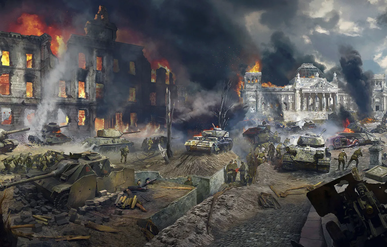 Photo wallpaper war, picture, battle, soldiers, tank, gun, the Germans, WWII