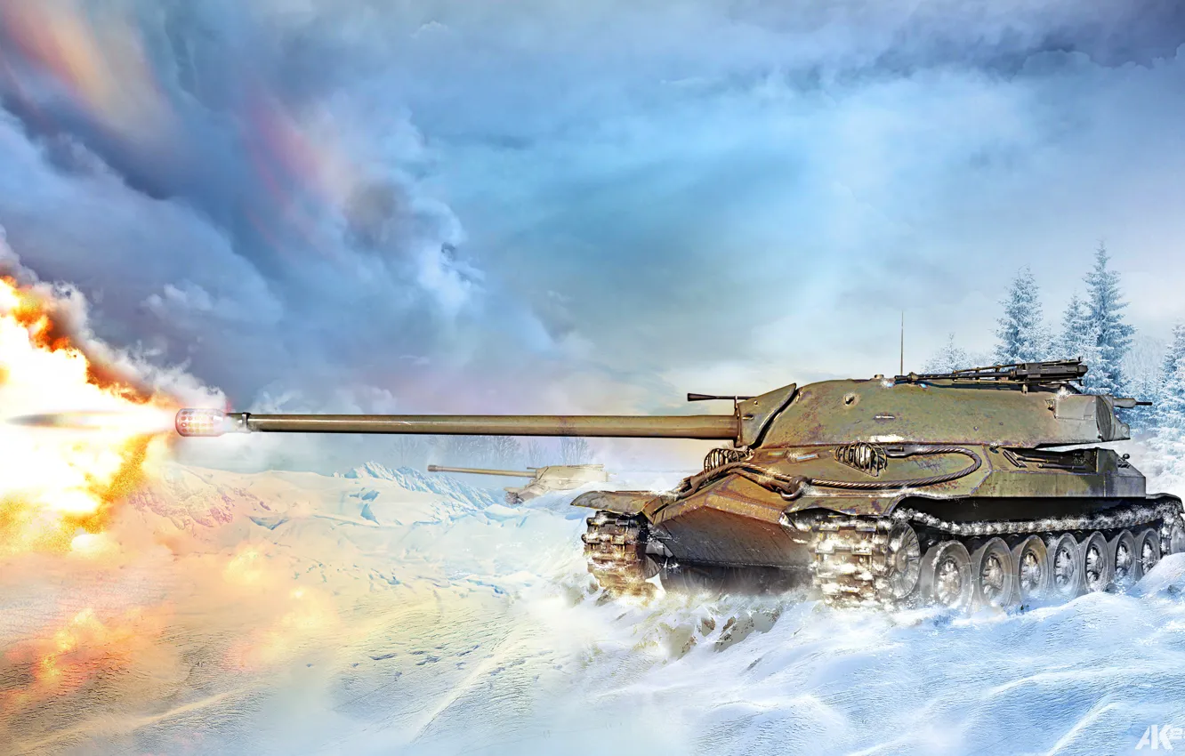 Photo wallpaper winter, snow, lights, flame, figure, shot, art, tank