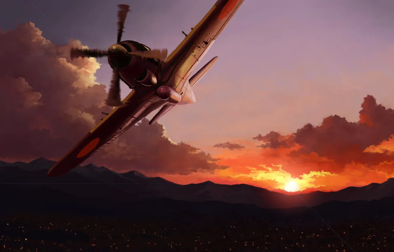 Photo wallpaper sunset, the city, lights, art, the plane, in the sky
