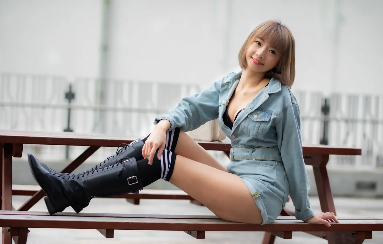 Photo wallpaper look, smile, legs, Asian, boots