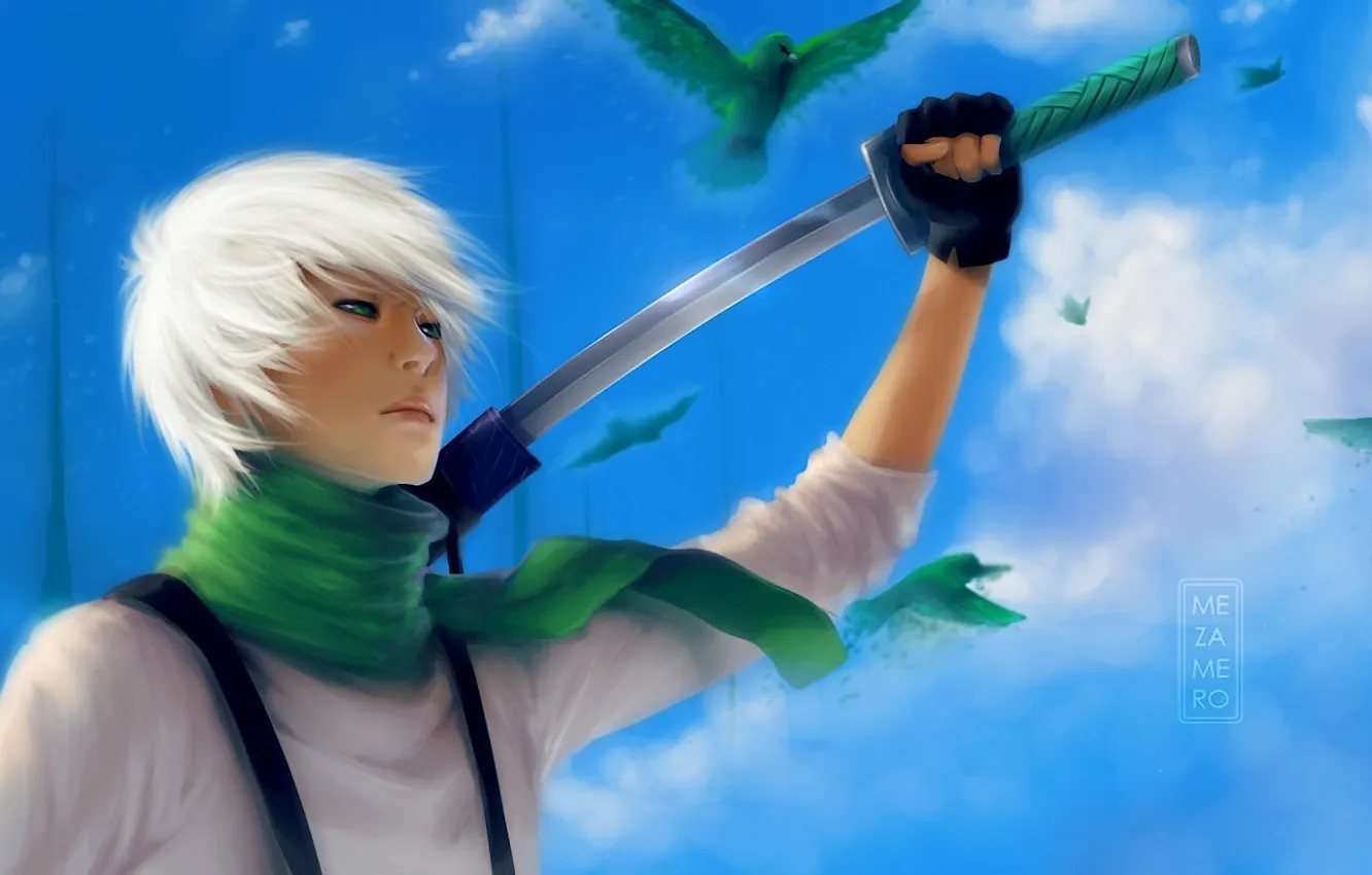 Photo wallpaper the sky, bird, sword, katana, scarf, art, guy, mezamero