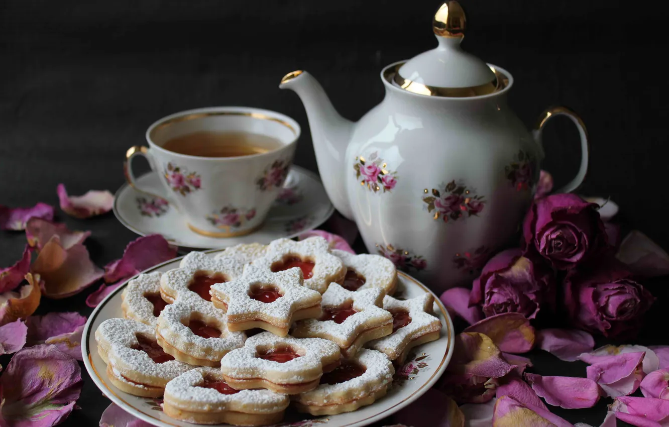Photo wallpaper flowers, tea, petals, cookies, mug, jam, sweet, teapot