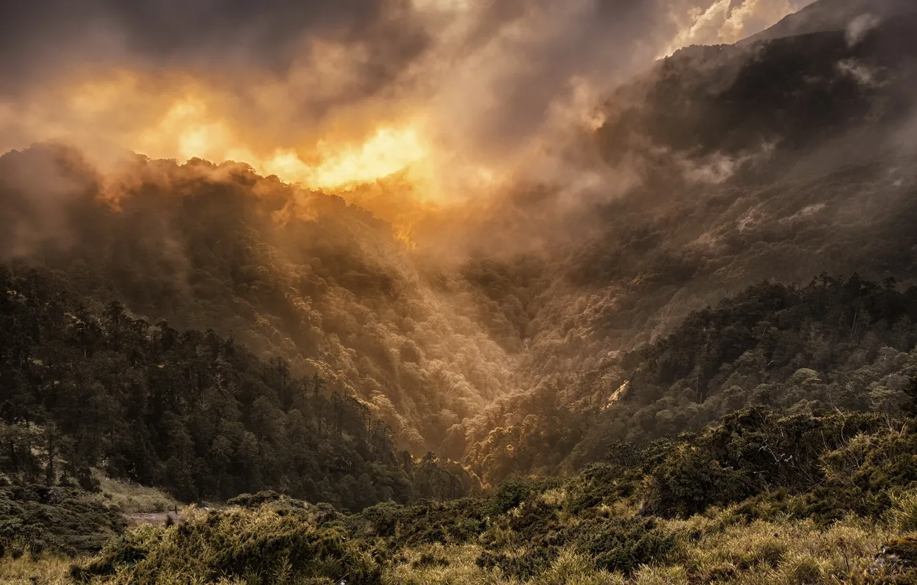 Photo wallpaper sunset, mountains, fog