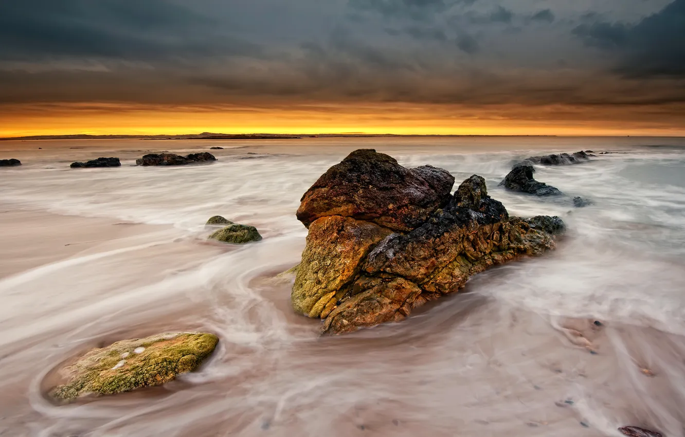 Photo wallpaper sea, beach, stones, yellow, horizon