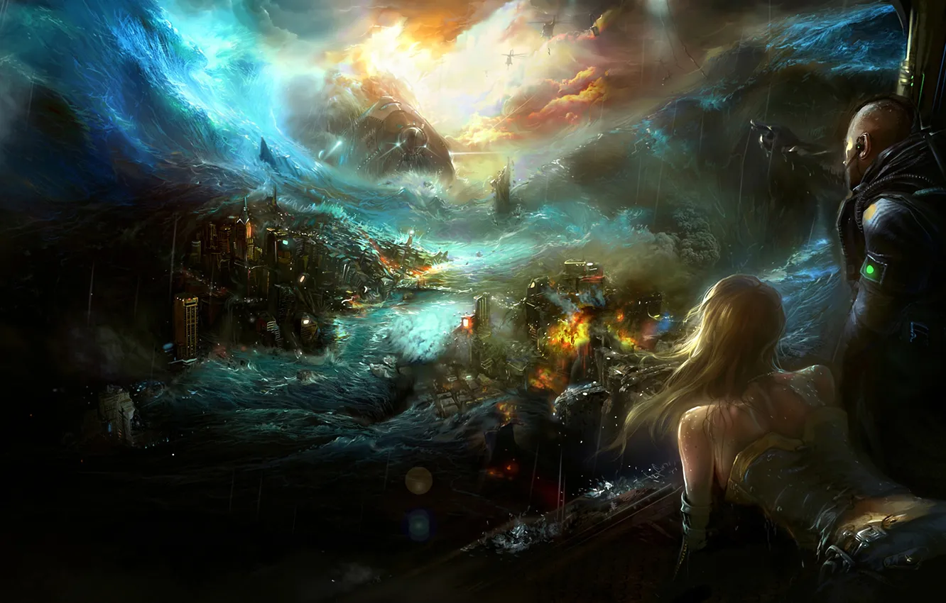 Photo wallpaper wave, woman, disaster, male, helicopter, Noah Legend