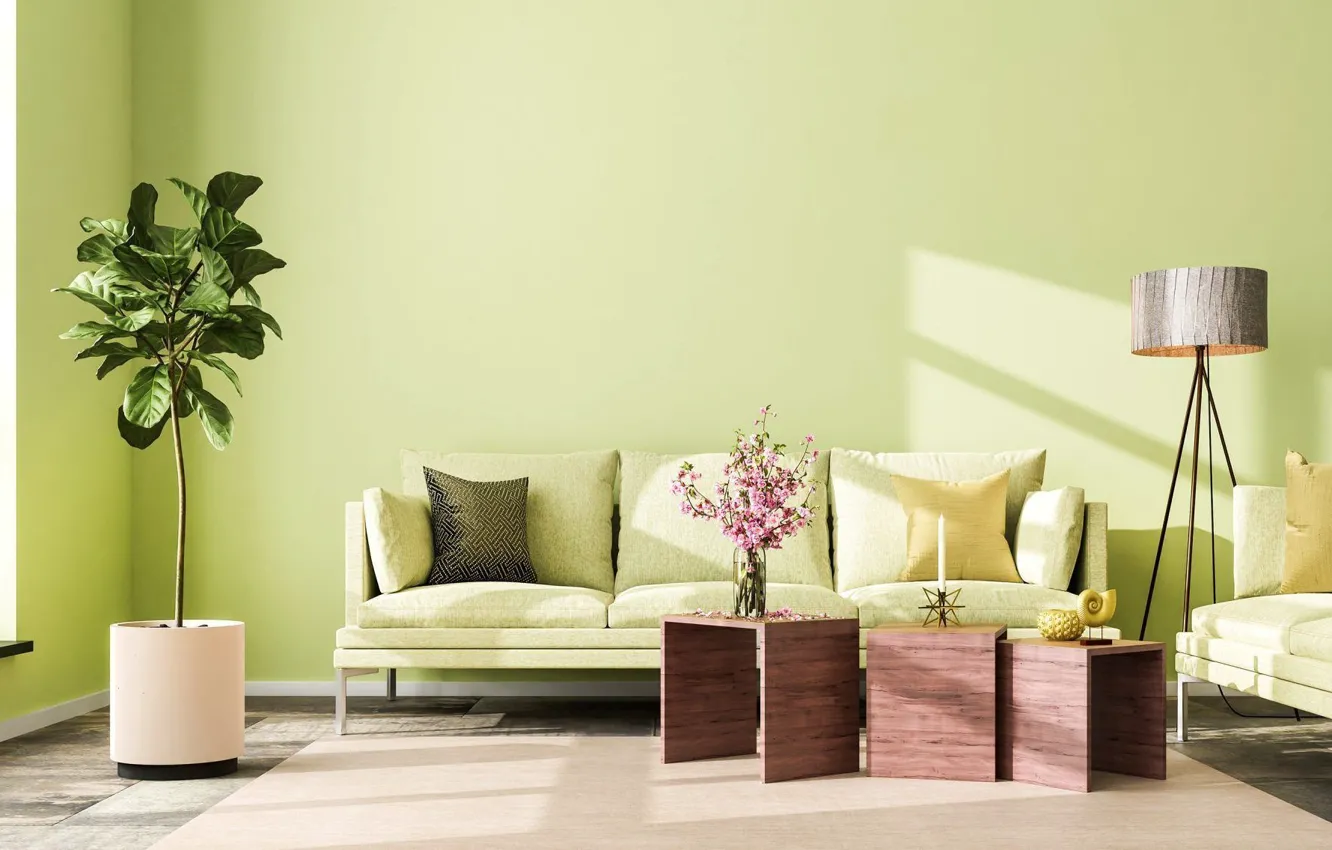 Photo wallpaper design, style, room, plant, lamp, interior, positive, sofa