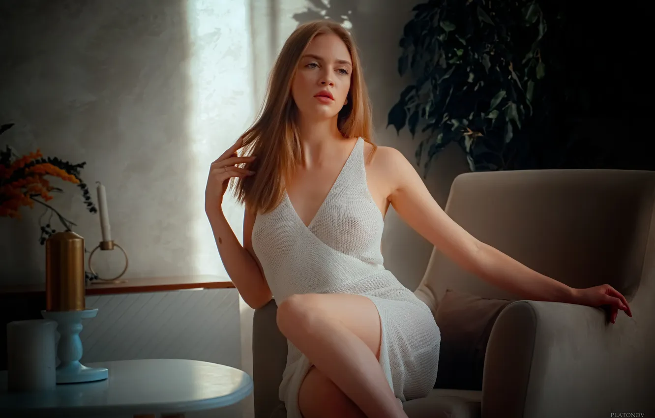 Photo wallpaper girl, pose, chair, hands, dress, Fia Meos, Ivan Platonov