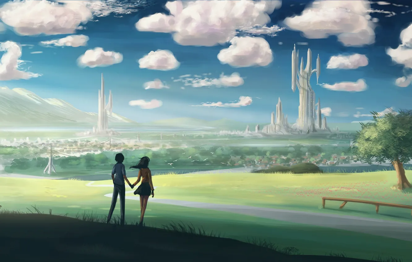 Photo wallpaper road, field, girl, landscape, city, the city, art, pair