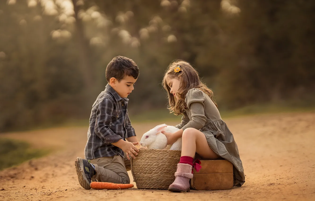 Photo wallpaper nature, children, animal, basket, boy, rabbit, girl, carrots