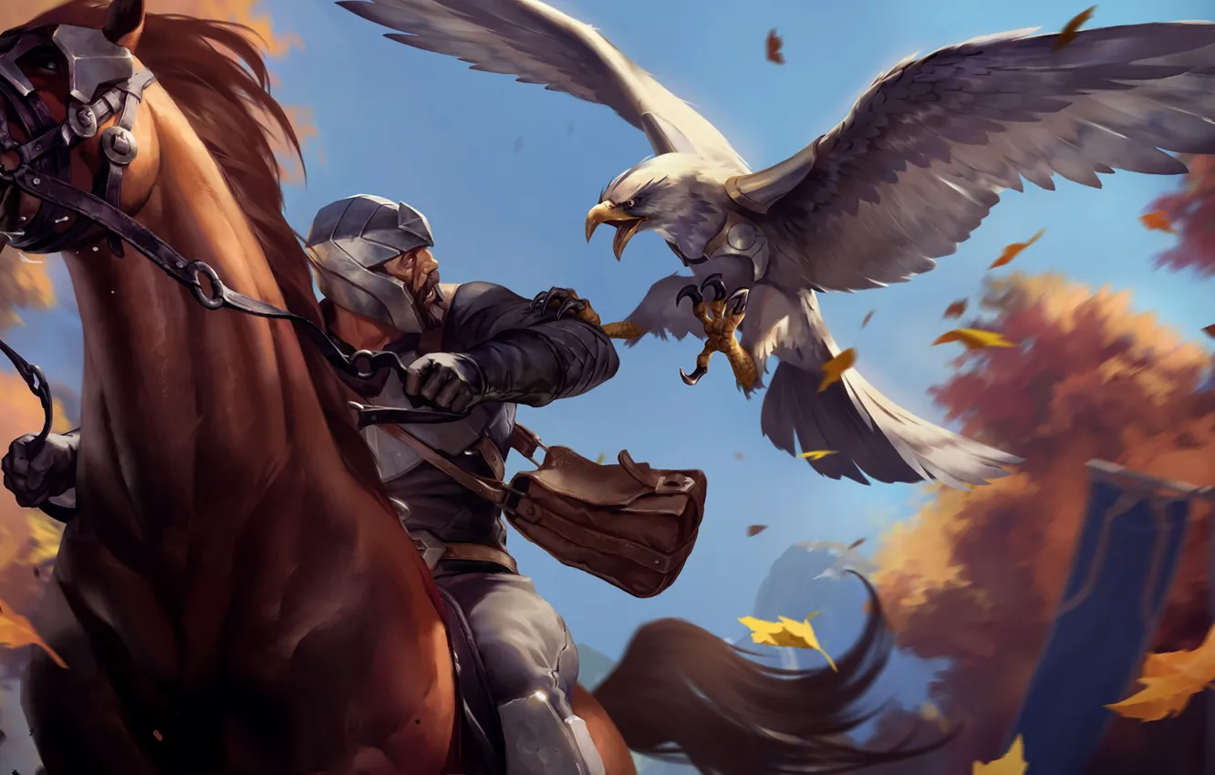 Photo wallpaper bird, horse, man, rider, eagle, Legends of Runeterra