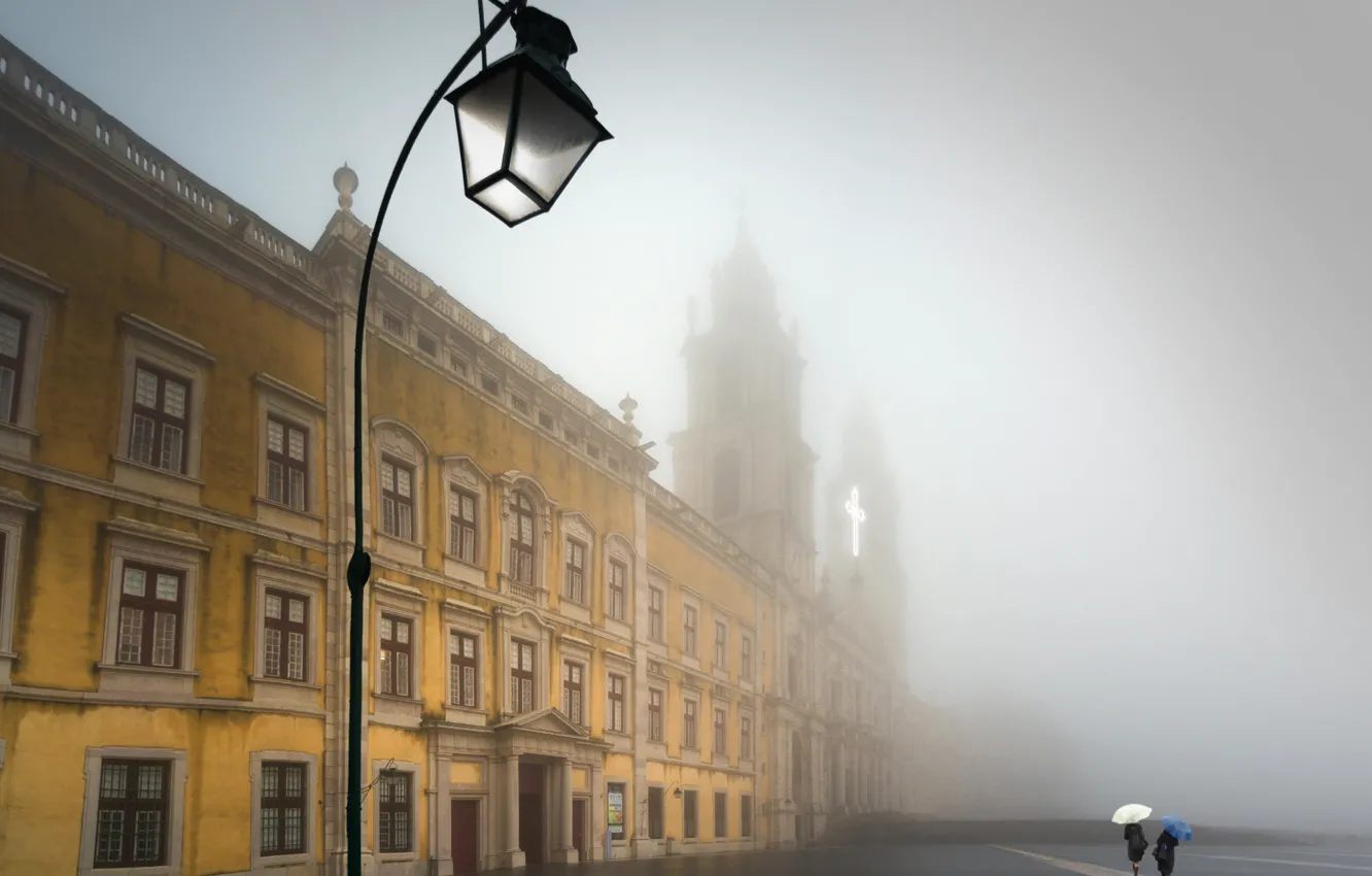 Photo wallpaper fog, area, lights, Church, Cathedral, Portugal, Lisbon