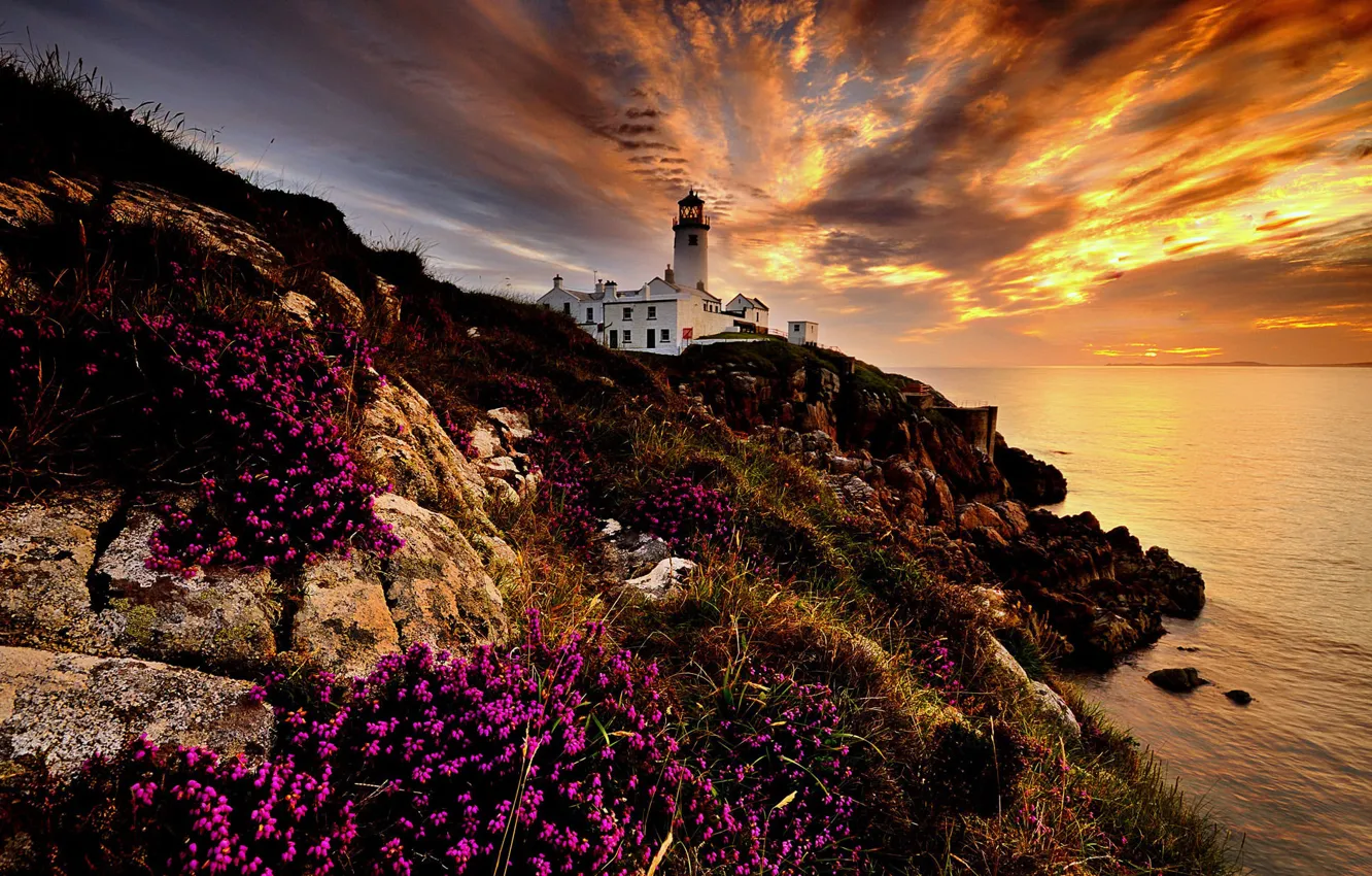 Photo wallpaper sea, landscape, rocks, dawn, lighthouse, morning, Ireland, Donegal