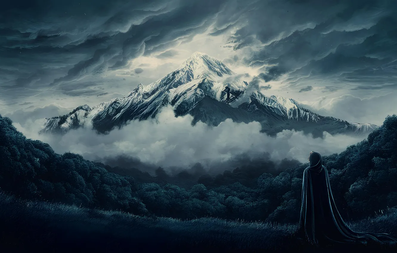 Photo wallpaper woman, mountain, snow, mysterious, capped