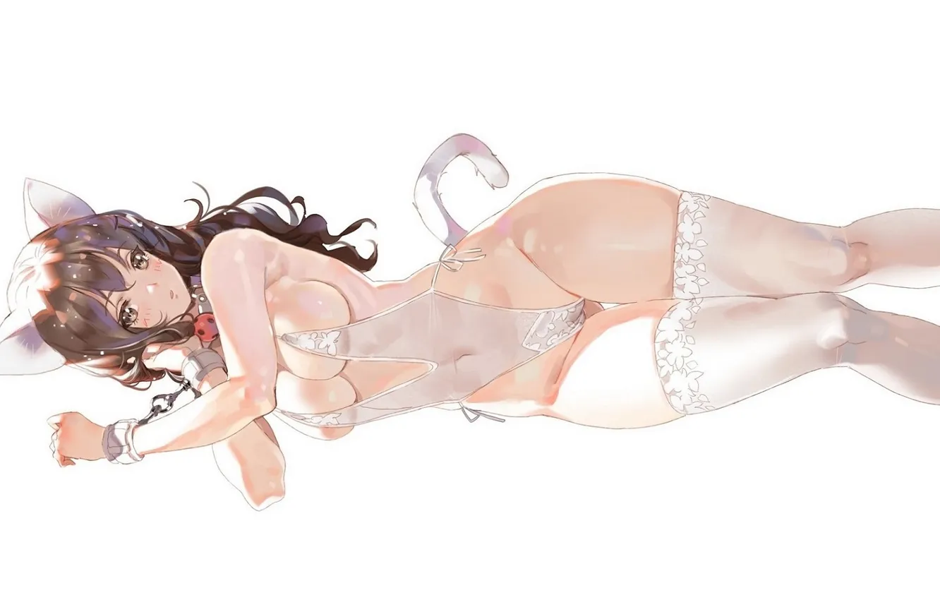 Photo wallpaper tail, white background, handcuffs, in lingerie, lying on her back, white stockings, neko girl, chalker