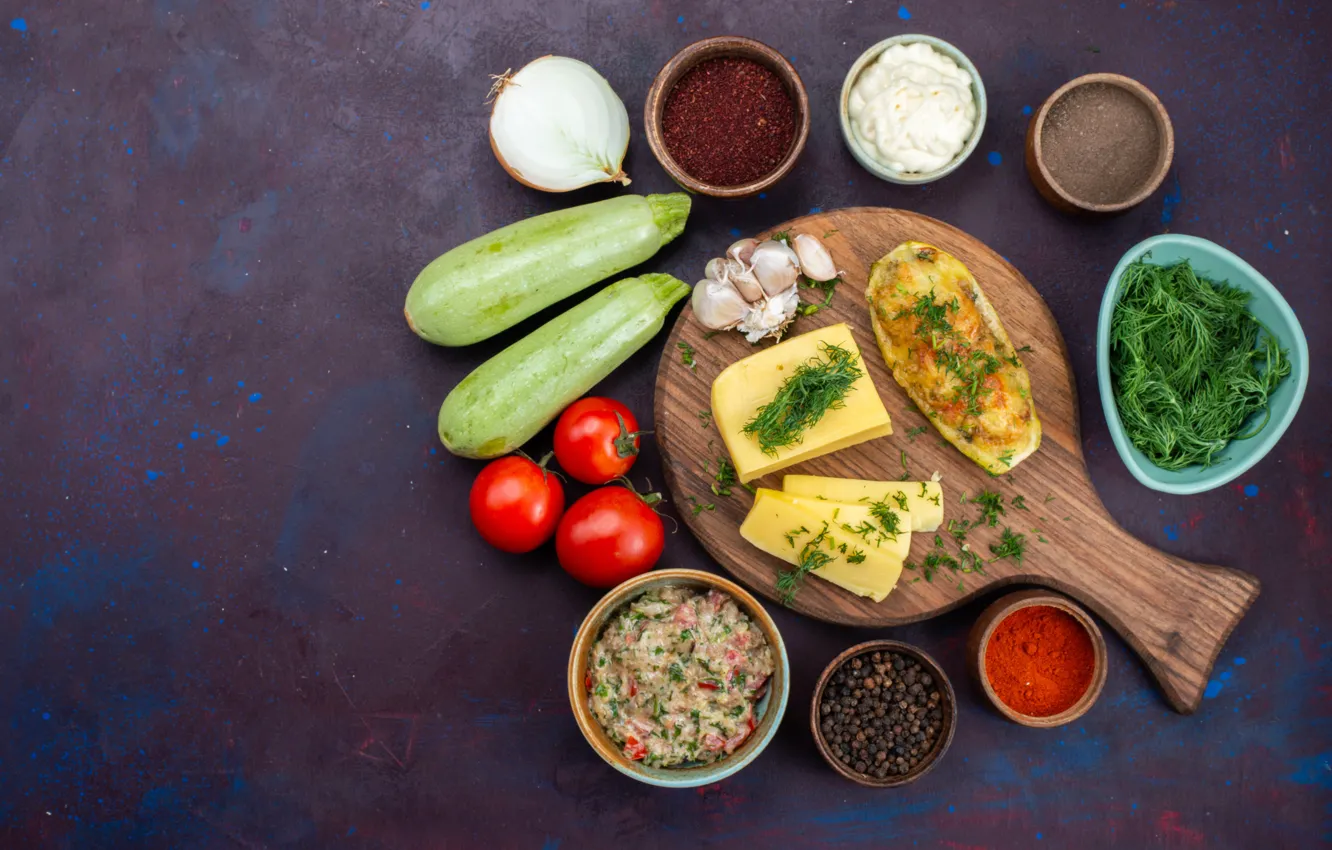 Photo wallpaper greens, food, chicken, cheese, bow, dill, meat, bowl