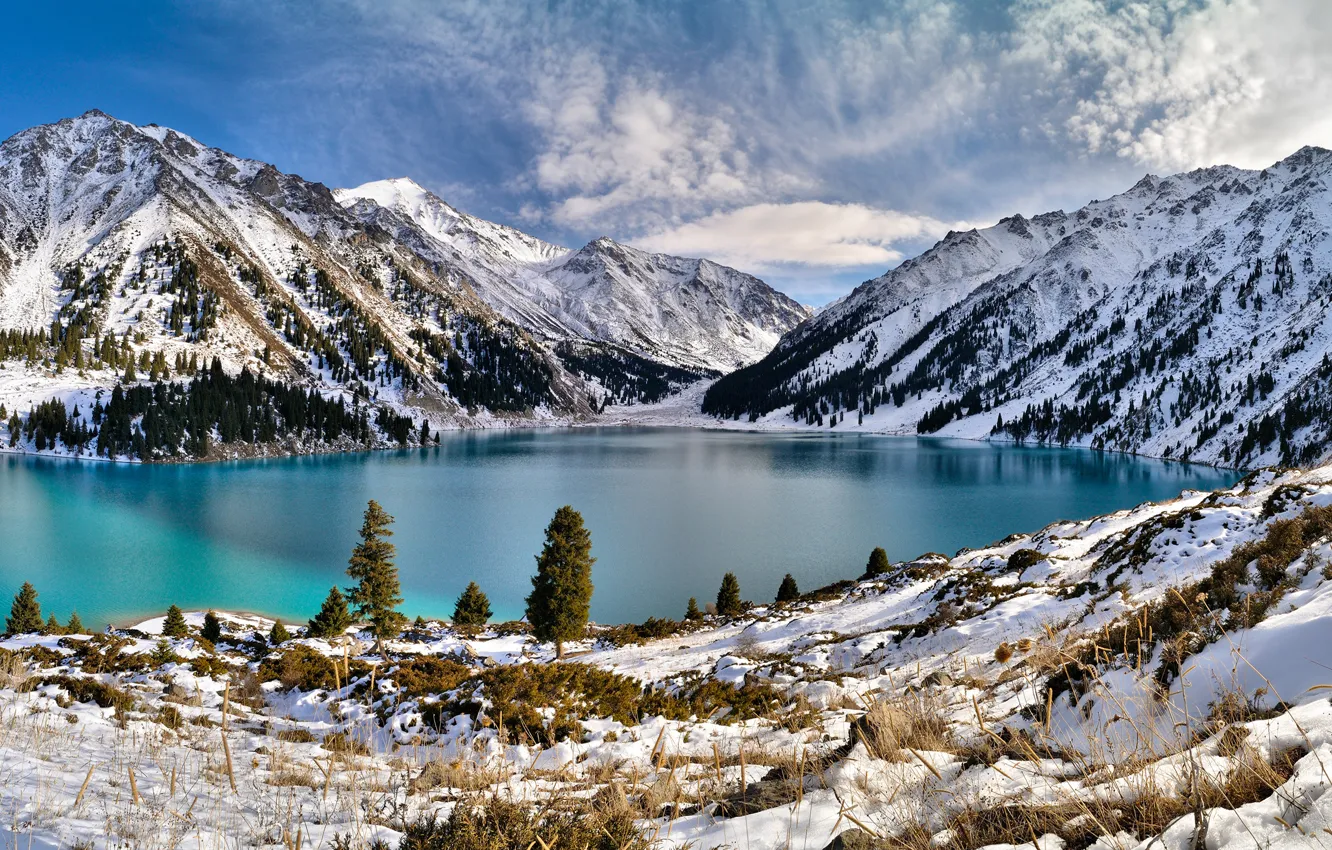 Photo wallpaper winter, snow, mountains, lake, Nature