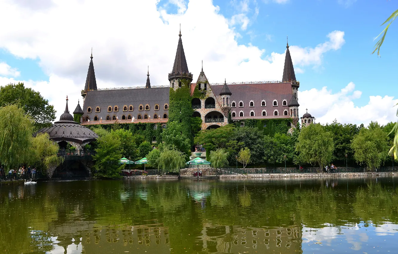 Photo wallpaper the sky, clouds, trees, pond, people, castle, swans, sky