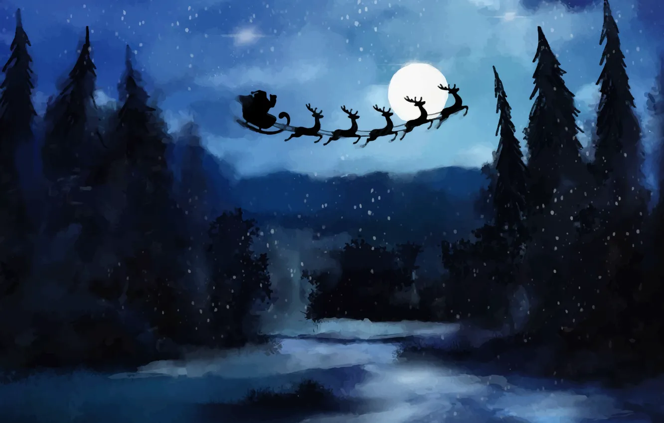 Photo wallpaper Clouds, Winter, Night, Snow, The moon, Christmas, New year, Santa Claus