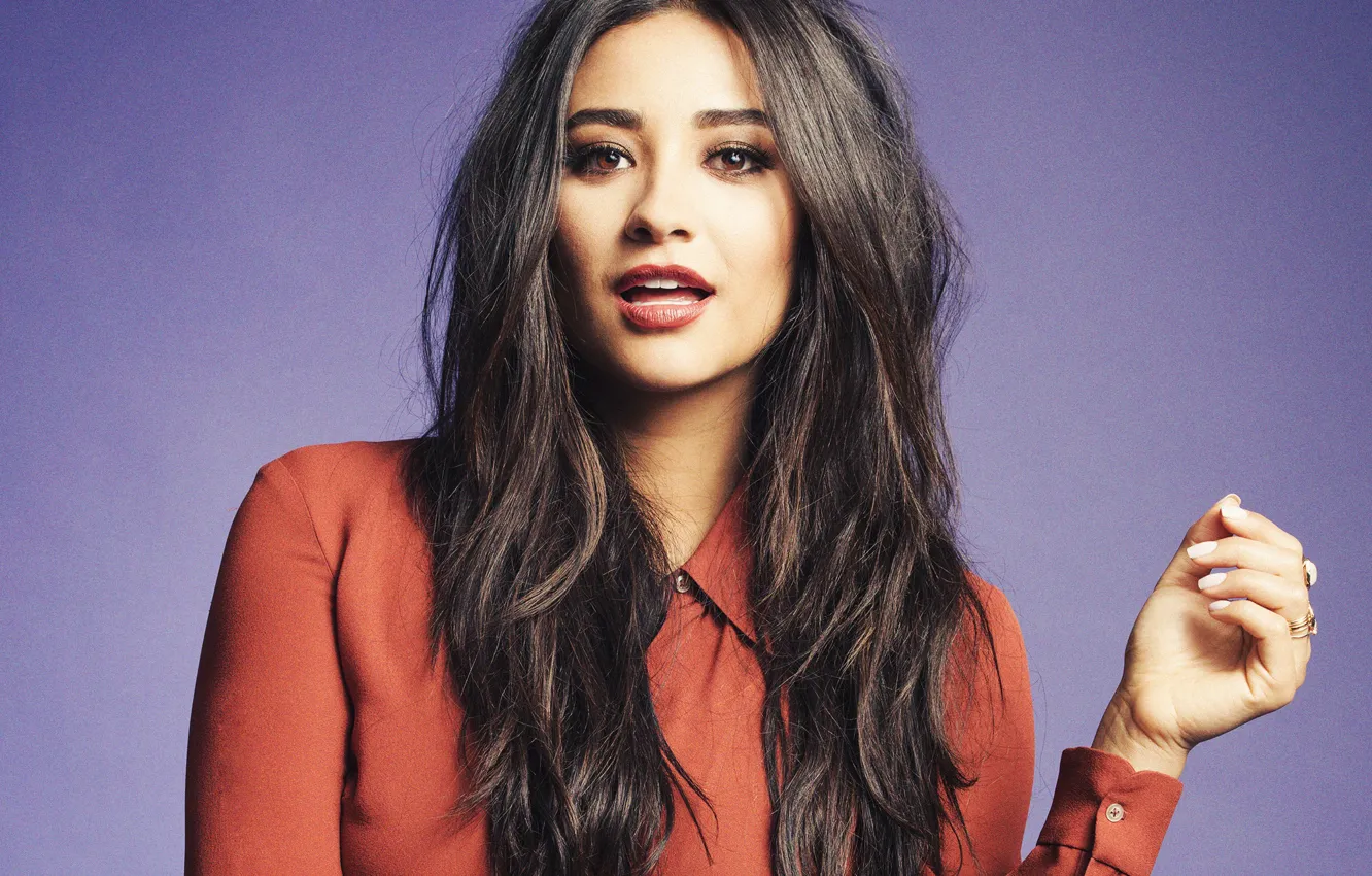 Photo wallpaper look, girl, pose, hair, blouse, beautiful, Shay Mitchell