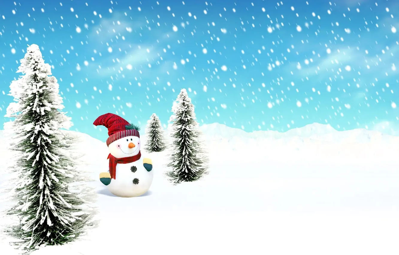 Photo wallpaper snow, hat, tree, scarf, snowman